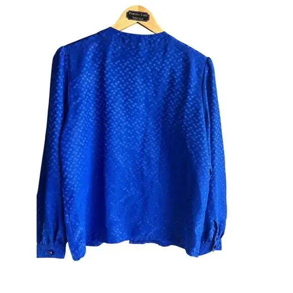 Vtg Laura and Jayne Blue Polka Dot Pleated Satin Long Sleeve Career Blouse Sz 10 - Picture 7 of 8
